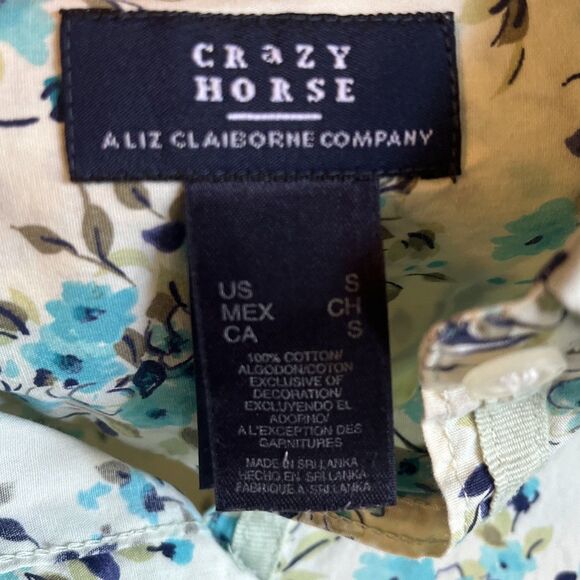 Crazy Horse Blouse Liz Claiborne Women’s S Blue Green Floral Button Up Top 3/4 - Picture 3 of 8